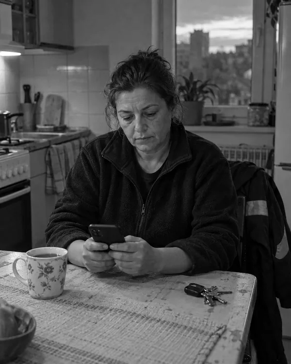 A worker in a work fleece sits at a kitchen table in the evening, looking seriously at the mobile phone in her hands.