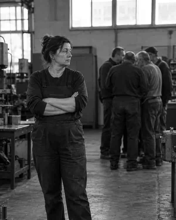 A worker in overalls stands alone with her arms folded while a group of male colleagues talks in a closed circle in the factory hall behind her.