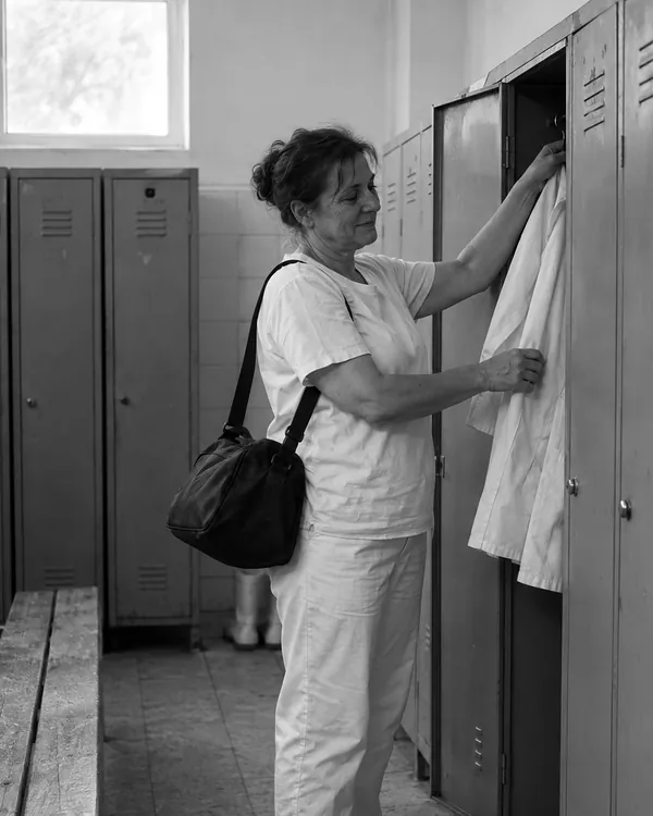 A worker in white work clothes hangs her coat in a locker room locker, a bag on her shoulder, as she leaves for her annual leave.
