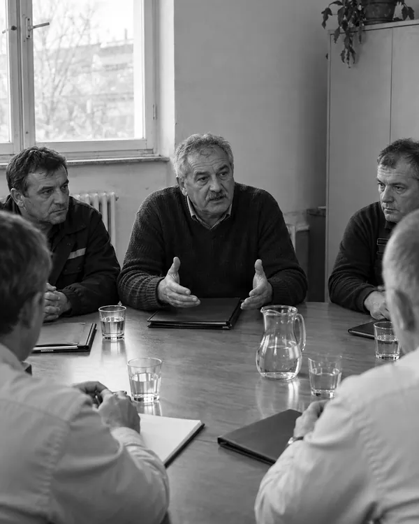 Представители работников и работодателя сидят за столом переговоров, а пожилой представитель работников спокойно излагает свою позицию.