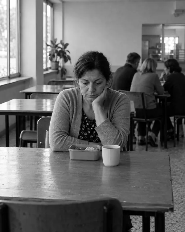 A woman sits alone at a canteen table with an untouched lunch while colleagues sit together at another table in the background.