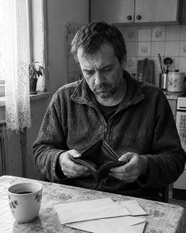 A worker sits at a kitchen table looking worriedly into an empty wallet, with envelopes and a cup of coffee beside him.