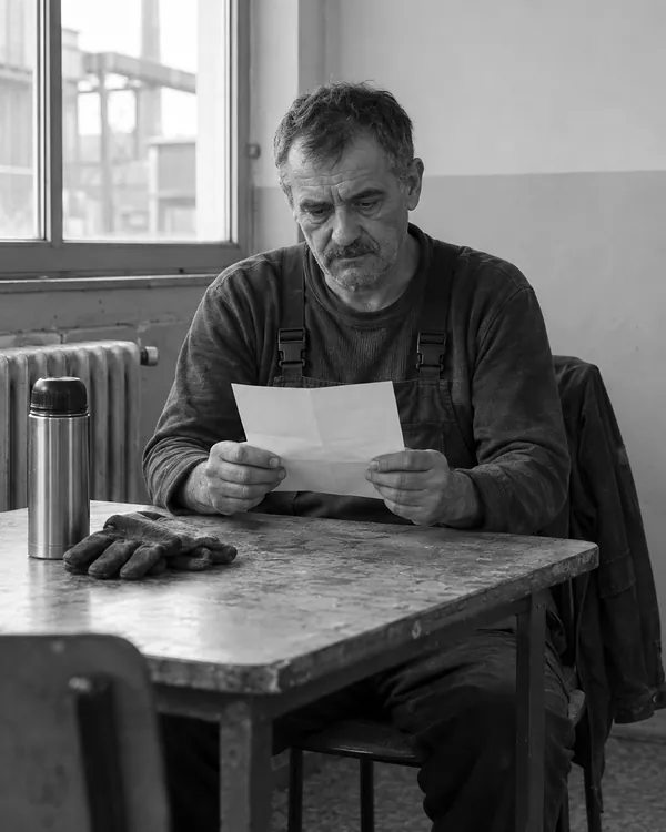 A middle aged worker sits alone at a table in a factory break room, looking at a folded sheet of paper in his hands.