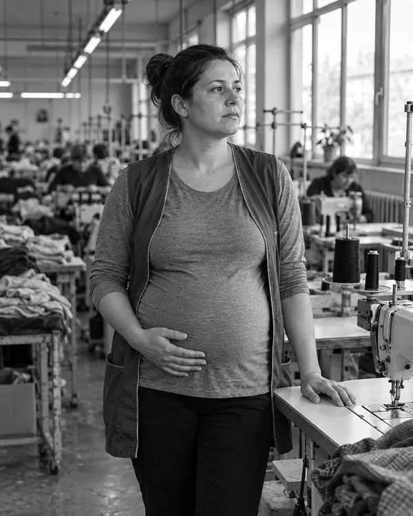 A pregnant worker stands beside a sewing machine in a textile factory, one hand on her belly, calmly looking toward the window.