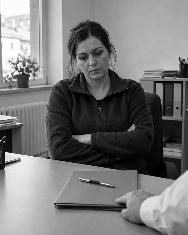 A worker sits with her arms folded at an office desk, looking thoughtfully at a closed folder with a pen that a manager is pushing across the desk toward her.