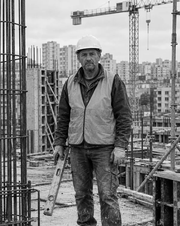 A construction worker in a white hard hat and orange vest stands with a spirit level on the floor slab of a building under construction, with a crane and apartment blocks behind him.