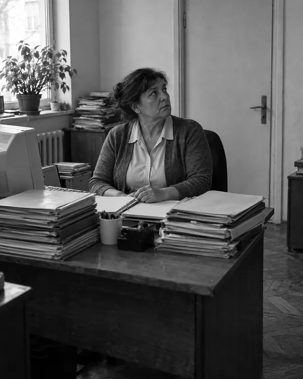 A civil servant sits at an old wooden desk piled with folders in a municipal office and looks uneasily toward the closed door.