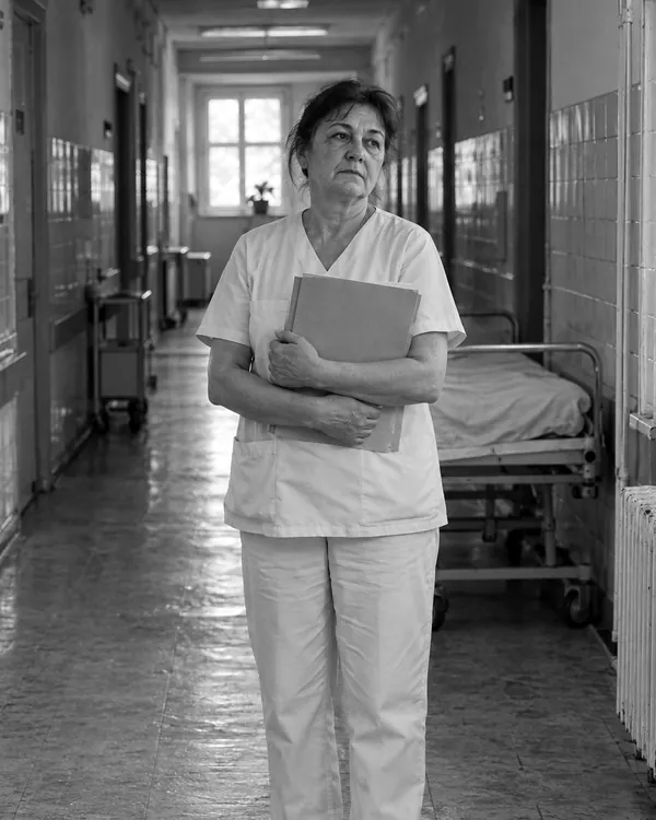 A nurse in white scrubs stands in the corridor of an old hospital, holding a folder and looking tired.